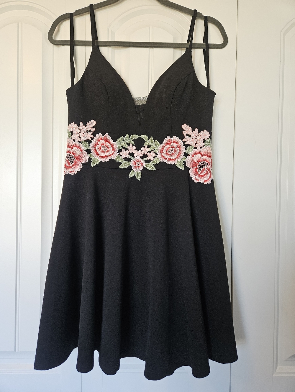 B. Smart Black Mini Dress with Pink Floral Embroidery